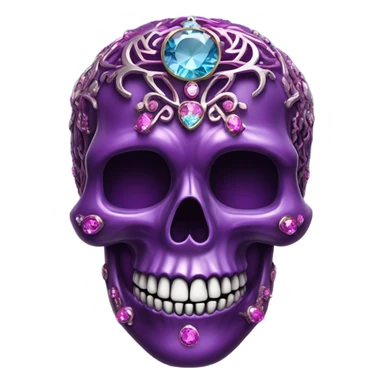 Realistic isolated metallic ornate dark purple,magenta,light blue,and hot pink filigree skull decorated with shiny diamonds and rhinestones.  sticker