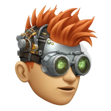 Light red Mohawk hair male cyborg head with white steampunk goggles and circuits sticker