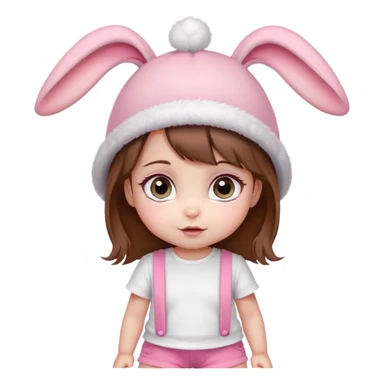 Cute emoji baby girl with big eyes, brown hair, bunny ear pink hat, white t-shirt and pink shorts. sticker