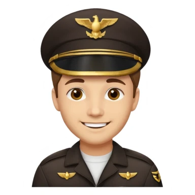 A light-skinned man with short brown hair, brown eyes, and a cheerful smile, wearing a dark pilot cap with a gold emblem. sticker