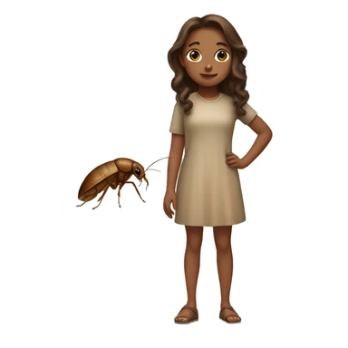 a tan brown haired girl standing next to a roach  sticker