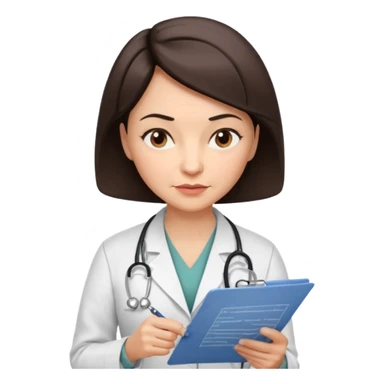 A female doctor in her 50s with visible facial wrinkles, dark brown short bob hair, her body turned slightly at an angle, with her gaze clearly directed downward and fixed on the medical chart she is reviewing. sticker