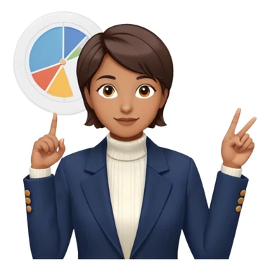 Gender: Non-binary Hair: Short layered cut (ear-length), dark brown Face: Almond-shaped eyes with subtle eyeliner, bright smile Clothes: Navy blazer over white turtleneck Action: Pointing at pie chart on projector sticker