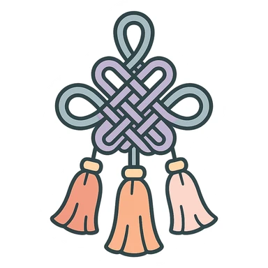Chinese happiness knot with three tassels, icon-color-outlined style, detailed shadows and highlights, thin clean outlines, soft rounded shapes, pastel palette #98B5BC, #B5B3C1, #C9A3C9, #E4C0CA, #F7DCD1, #F7C0AA, modern Japanese pop art and sticker aesthetic, high detail, vector sharpness, soft lighting, transparent background sticker