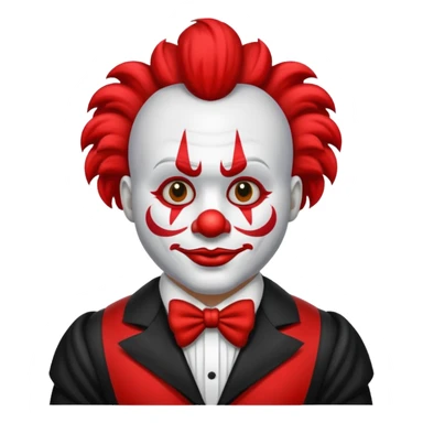 Crea un payaso que tenga toda la cara absolutamente toda la cara blanca, junto con la parte del pelo que sea blanco, pero que no tenga pelo con unos cuernos negros y que tengo un traje de payaso negro con rojo sticker