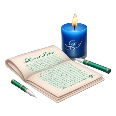 A nostalgic love letter with deep green handwriting, resting on lace fabric next to a glass candle in a royal blue hue. sticker