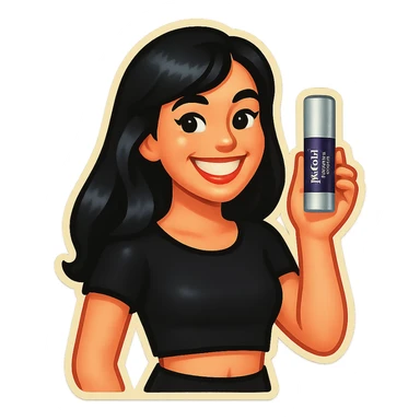Edit the fair-skinned girl with beautiful black hair, black crop top, and big white smile to hold the exact whitening serum bottle shown in the reference photo. Maintain the same Genmoji emoji style as the original. sticker
