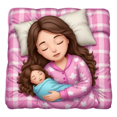 girl brunette inside a blanket sleeping  eyes closed with long  brown wavy hair and pink pjs sticker