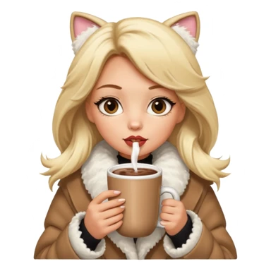 Tanned Girl with lashes , blonde hair, in an extremely big fluffy oversized coat and hold hot chocolate drink and big cat eyes, big lip sticker
