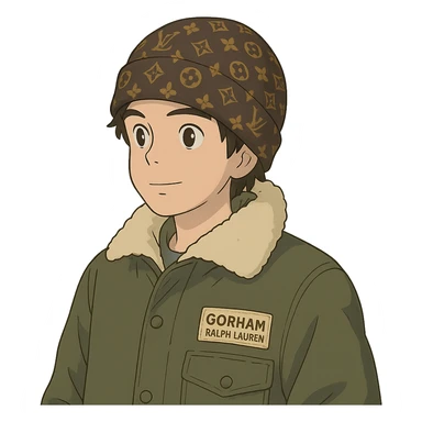 ghibli style young person wearing a Louis Vuitton beanie and a Ralph Lauren Gorham jacket sticker