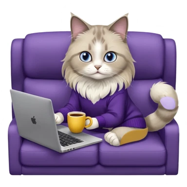 a cute blue eyed brown and white ragdoll cat with white paws and brown and beige tail wearing the dark violet sweater with yellow letteting "Milena" sitting on the grey sofa with grey laptop Lenovo and drinking coffee sticker