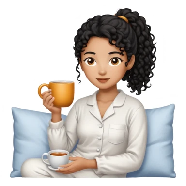 Mixed-race woman with caramel skin, black curly hair in a ponytail, wearing white pajamas, holding a steaming mug of tea sticker