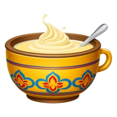 Tibetan butter tea in traditional bowl, simplified emoji style with bold outlines and bright colors, cartoon style creamy yak butter drink sticker