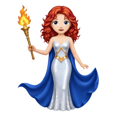Torch Lady from Film Studios with red wavy hair, white sequin gown, royal blue sequin drape, holding torch sticker