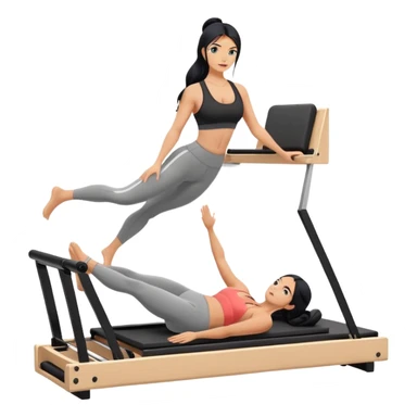 woman with tanned skin, long black hair, wearing a sports bra, doing Pilates on a reformer machine sticker