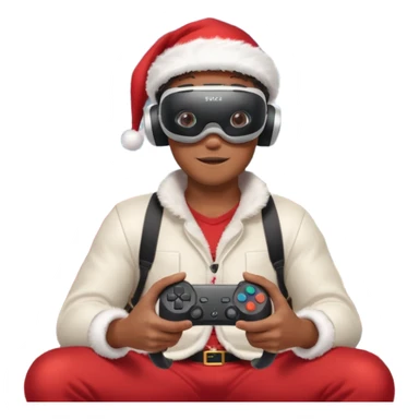 Homme photographe noir, week-end détente, équipé d’un appareil photo pro. Dans un décor Noël chaleureux, Père Noël à côté, sapin illuminé, lumières douces. L’homme porte un casque VR autour du cou ou sur la tête, et une manette PS 2025 dans la main libre. Ambiance festive, réaliste, couleurs nettes sticker