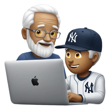 Young man with New York yankees SnapBack hat helping old man to use artificial intelligence on a MacBook  computer sticker