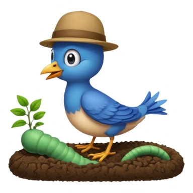 a blue bird wearing a hat, standing on a worm sticker