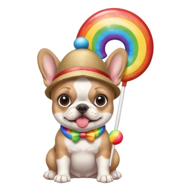 baby french bulldog wearing a propeller hat and holding a comically large rainbow lollipop  sticker