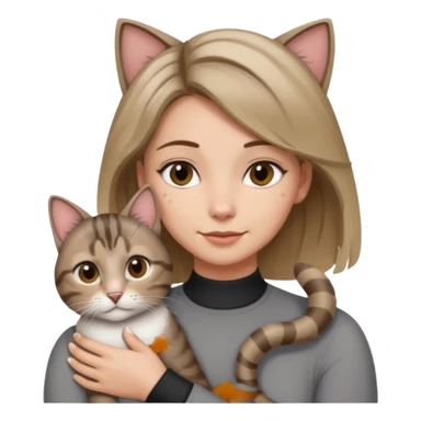 Une femme avec les cheveux dégradée, brun et blond, qui fait un câlin à son chat qui est gris, tigré avec les extrémités oreille patte et queue noir  sticker