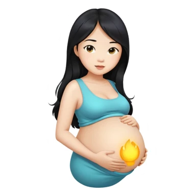 Beautiful Asian girl with long black hair, pregnant belly sticker