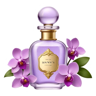 Create a delicate vintage French-style perfume bottle in an orchid hue, adorned with intricate gold detailing and an elegant glass stopper. Surround it with lush lilac flowers, along with soft lavender sprigs and petals scattered around for a dreamy, romantic atmosphere. The background should have a subtle antique texture, evoking the charm of a Parisian boudoir. The lighting should be soft and diffused, enhancing the luxurious and nostalgic feel sticker