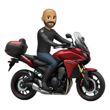 Bald man with short beard on red Yamaha Tracer 9 sticker