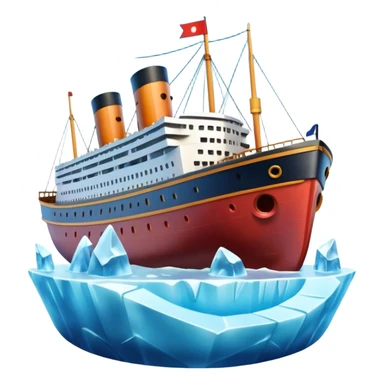 Apple Memoji style: cute cartoon Titanic ship with expressive shocked face, large eyes, open mouth, sailing toward a smiling mischievous iceberg, glossy icy texture, Pixar-level 3D rendering, cartoon realism, floating in a dark blue sea under a moonlit sky, vivid colors, soft shadows. sticker