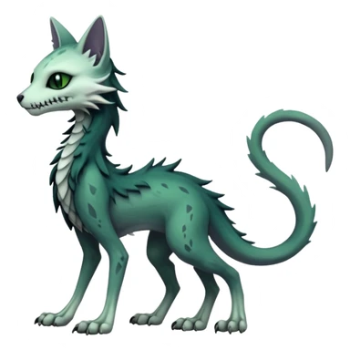 Kawaii spooky dark bleak blackish swampy white-skeletal gloomy ghostly dark greyish dark-deep-greenish foggy eldritch beautiful realistic edgy fantasy ghoul-like stitched feline-vernid-sergal-fursona animal creature with a tufted tail full body with intricate markings  sticker