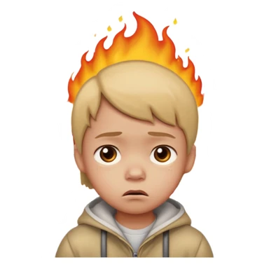 small child with sad expression and street on fire in the background, apple style emoji sticker
