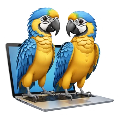 Two yellow and blue macaws using a laptop sticker
