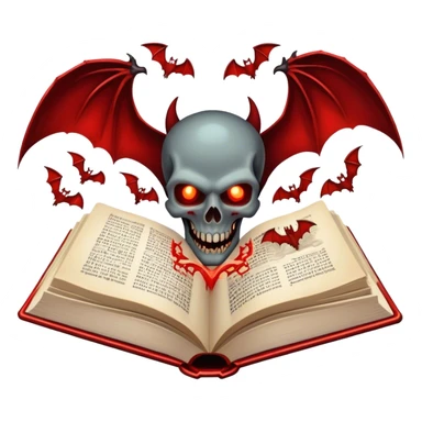 Icon for Horror & Mystery Reading: an open book with eerie glowing symbols, from which rise vampire Dracula with fangs, flying bats, a zombie hands, skulls. Surrounding elements. Transparent background. sticker