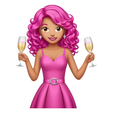 One lady with long hot pink curled hair and tan skin wearing a pink dress with sparkly belt holding a glass of pink champagne in each hand smiling cheerfully  sticker