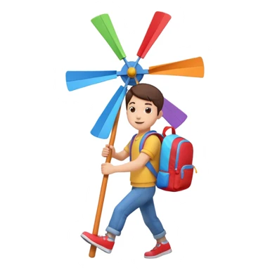 cute boy carrying a toy windmill backpack, colorful windmill spinning on the back, happy expression, casual outfit, 3D cartoon, mobile game icon style, clean background, no text, no watermark
 sticker