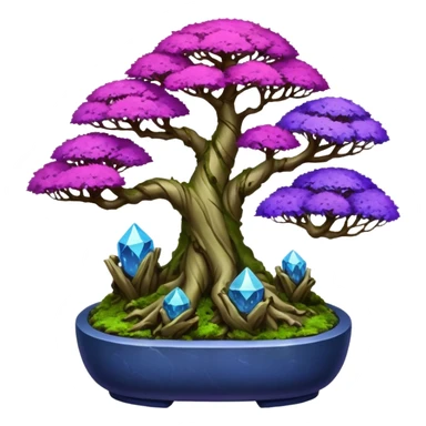 Futuristic wild glowing et alien moss maples Bonsai hair-fine-leaf group crimson crystal boxwood purple and cream pink blue informal rocky cliffhanger eight tree forest planting in shallow slab style pot  sticker