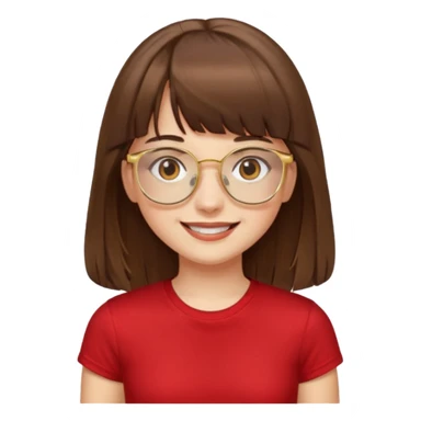 chica con piel blanca sonriendo, ojos marrones y pelo marrón muy largo con flequillo y lentes dorados con remera roja. sticker