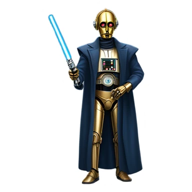 undercover tough well-equipped jedi first order life-sized darkblue-pearl C3po as a friendly bounty hunter droid wearing a leather clothing old west duster coat holding light saber sticker