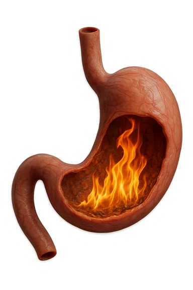 stomaco umano anatomico  con fiamma che brucia all'interno, iperrealistico 4k sticker
