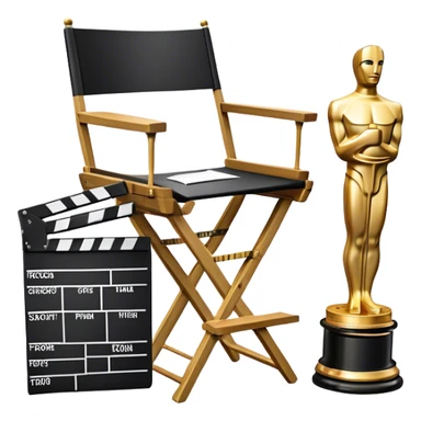 Icon for Directing: a director's chair, a film slate, a megaphone, a stack of script papers and an Oscar statuette. The icon should represent the creative and leadership aspects of directing, with focus on film and theater production. Transparent background. sticker