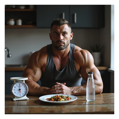 realistic bodybuilder man in sportswear sitting at a table with a kitchen scale, small plate with food, phone with app and text 'Dieta ipocalorica'. Serious expression, supplements and water in the background. Realistic style. sticker