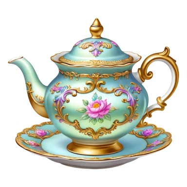 vintage highly detailed rococo iridescent tea cup and pot sticker