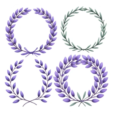 The art style is clean line art with delicate watercolor textures, pastel colors, and a dominant palette of lavender, soft lilac, and muted purple. A set of lavender wreaths, simple flower branches, and delicate frames to border text. sticker