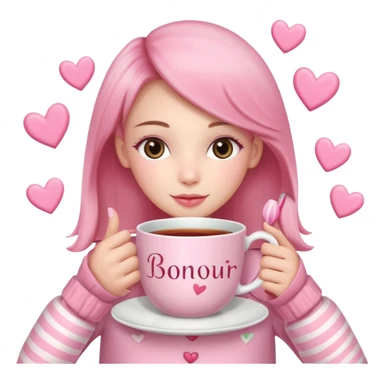 A cozy scene featuring a cup of tea with the word “Bonjour” written on it, adorned with pink tulips, and held by hands wearing pink sleeves. The scene is decorated with pink hearts and candy canes. sticker