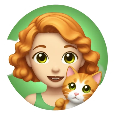 A girl with light brown wavy hair and green eyes big lips and smiling, holding a fluffy orange cat and both of them is pretty sticker