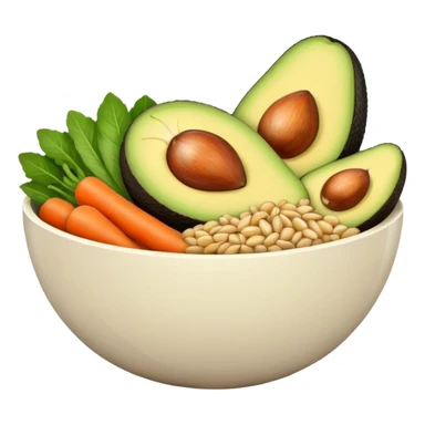 Minimalistic flat vector icon, iOS style, thin black contour on white background. Bowl with vegetables, grains, and avocado slices inside. Clean, no text, no shadows sticker