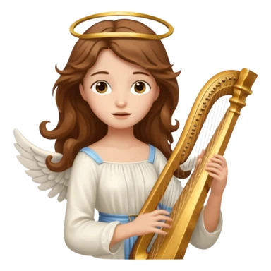 Female angel holding harp with flowing brown hair sticker