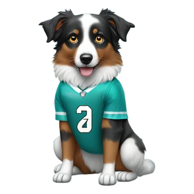 Mini Australian shepherd wearing a Dolphins jersey sticker