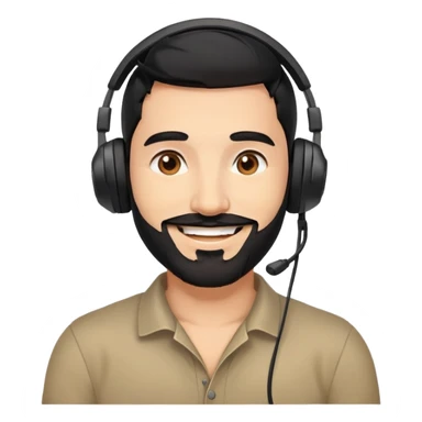 Happy smiling man with black hair, brown eyes, black beard wearing a gaming headset sticker
