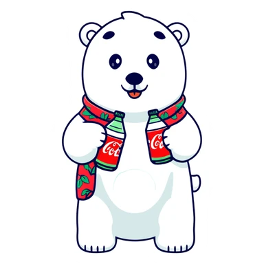 polar bear in a colorful Hawaiian shirt with Coke bottle pattern, sipping Coca-Cola sticker