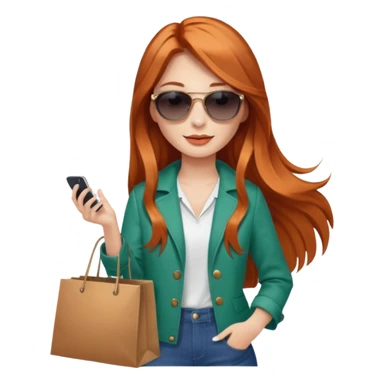 Mujer joven con cabello largo cobrizo gafas de sol vestida a la moda con bolsas de compras sticker